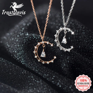 TrustDavis 925 Silver Moon Water Drop CZ Pendant Necklace For Women