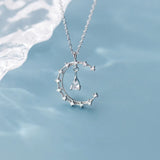 TrustDavis 925 Silver Moon Water Drop CZ Pendant Necklace For Women