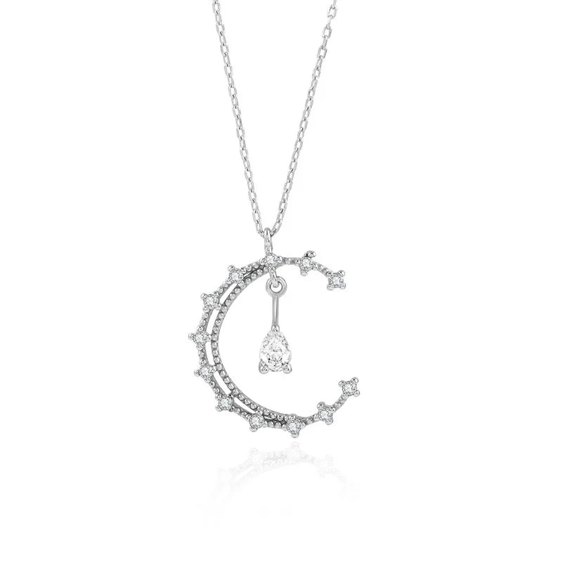 TrustDavis 925 Silver Moon Water Drop CZ Pendant Necklace For Women