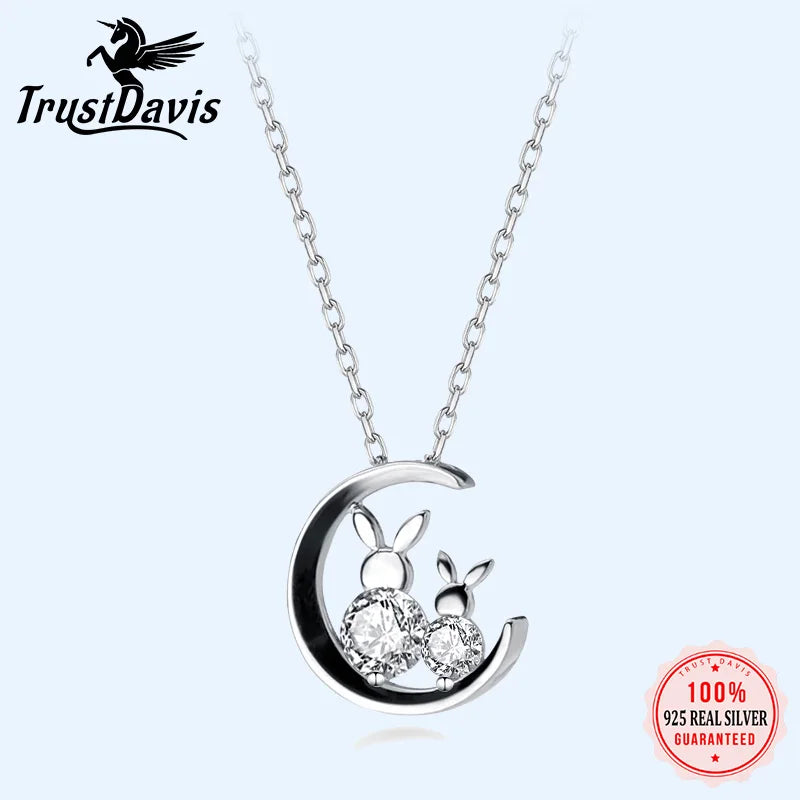 TrustDavis 925 Silver Moon Rabbit Pendant Necklace Clear CZ Women Jewelry