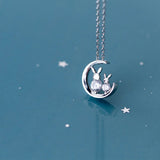 TrustDavis 925 Silver Moon Rabbit Pendant Necklace Clear CZ Women Jewelry