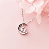 TrustDavis 925 Silver Moon Rabbit Pendant Necklace Clear CZ Women Jewelry