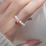 TrustDavis 925 Sterling Silver heart Synthesis pearl Opening Rings For Women