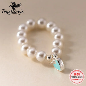 TrustDavis 925 Sterling Silver heart Synthesis pearl Opening Rings For Women