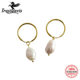 TrustDavis 925 Silver Baroque Freshwater Pearls Hoop Earrings Wedding Jewelry
