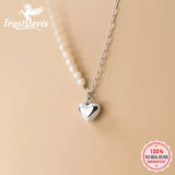 TrustDavis 925 Sterling Silver Pearl Heart Pendant Necklace for Women