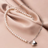 TrustDavis 925 Sterling Silver Pearl Heart Pendant Necklace for Women