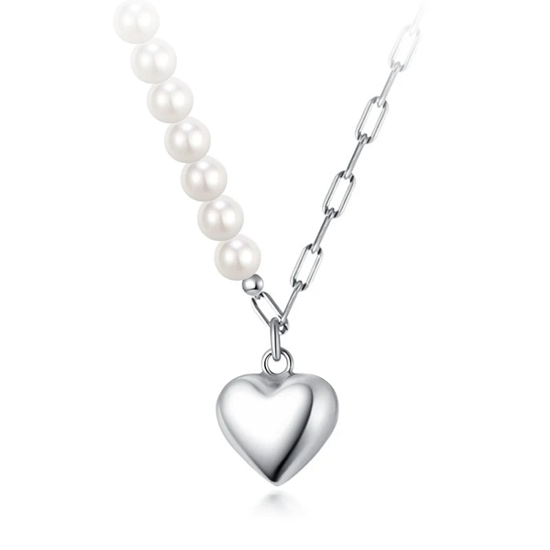 TrustDavis 925 Sterling Silver Pearl Heart Pendant Necklace for Women