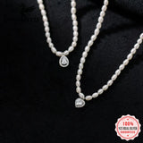TrustDavis 925 Silver Pearl Heart Drop CZ Pendant Necklace Women Wedding