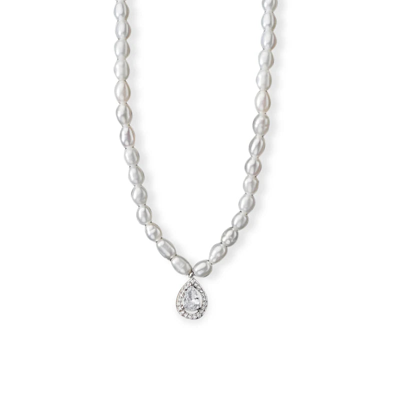 TrustDavis 925 Silver Pearl Heart Drop CZ Pendant Necklace Women Wedding