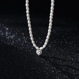 TrustDavis 925 Silver Pearl Heart Drop CZ Pendant Necklace Women Wedding