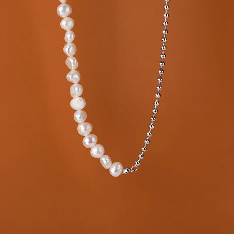 TrustDavis Silver Necklace Natural Pearls Chain Links Necklace For Women