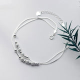 TrustDavis 925 Silver Frosted Bead Double Layer Box Chain Anklet