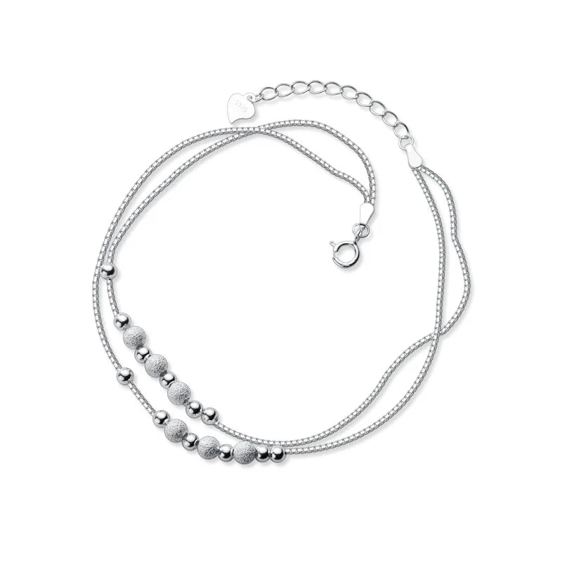 TrustDavis 925 Silver Frosted Bead Double Layer Box Chain Anklet