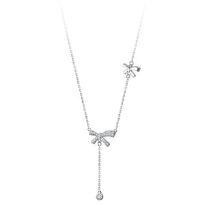 TrustDavis CZ Necklace 925 Sterling Silver Bowknot Chain Tassel Round Zircon