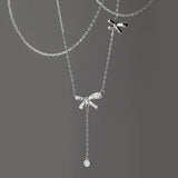 TrustDavis CZ Necklace 925 Sterling Silver Bowknot Chain Tassel Round Zircon