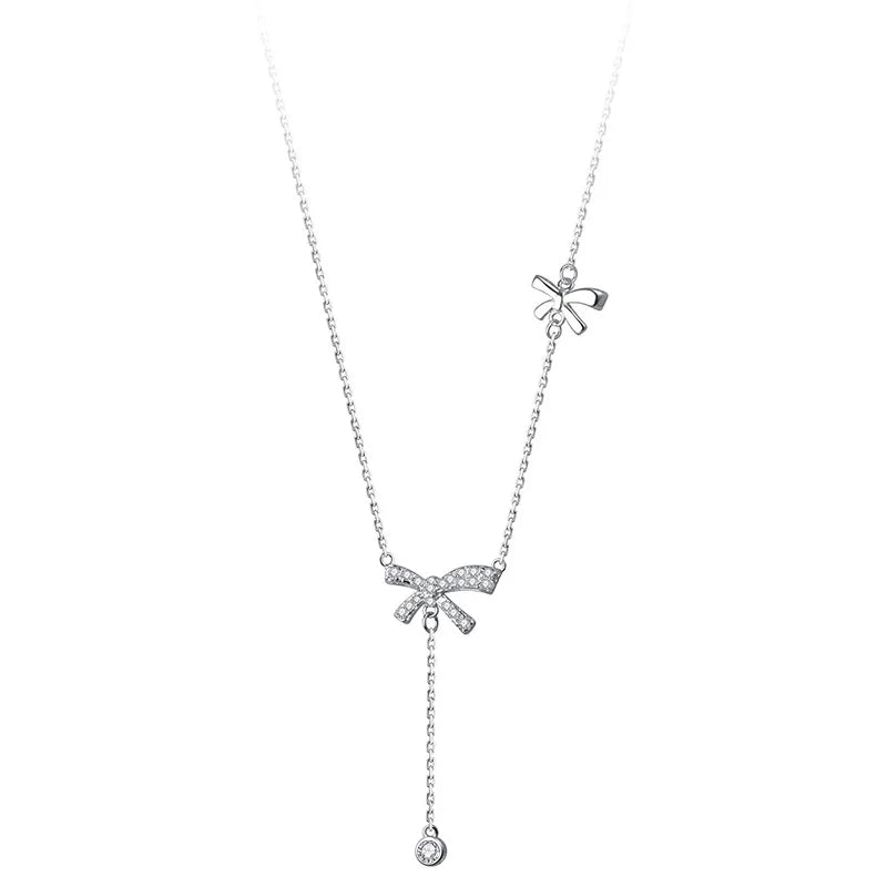 TrustDavis CZ Necklace 925 Sterling Silver Bowknot Chain Tassel Round Zircon