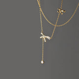TrustDavis CZ Necklace 925 Sterling Silver Bowknot Chain Tassel Round Zircon