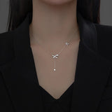 TrustDavis CZ Necklace 925 Sterling Silver Bowknot Chain Tassel Round Zircon