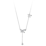 TrustDavis CZ Necklace 925 Sterling Silver Bowknot Chain Tassel Round Zircon