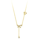 TrustDavis CZ Necklace 925 Sterling Silver Bowknot Chain Tassel Round Zircon