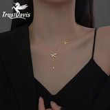 TrustDavis CZ Necklace 925 Sterling Silver Bowknot Chain Tassel Round Zircon
