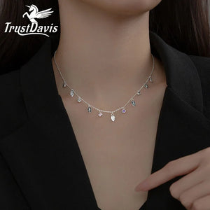 TrustDavis CZ Leaf Tassel Necklace 925 Sterling Silver