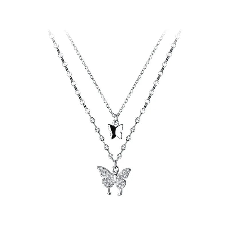 TrustDavis Choker Necklace Double Butterfly Link Chain 925 Sterling Silver