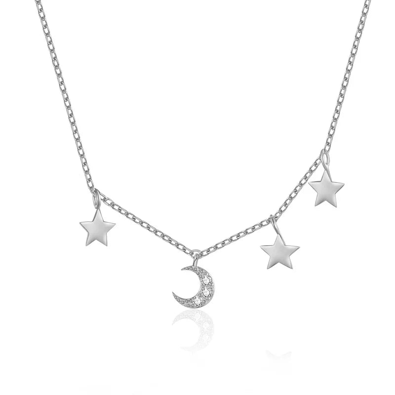 TrustDavis Choker Necklace Link Chain Star Moon CZ Charm 925 Sterling Silver