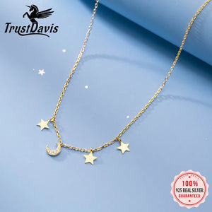 TrustDavis Choker Necklace Link Chain Star Moon CZ Charm 925 Sterling Silver
