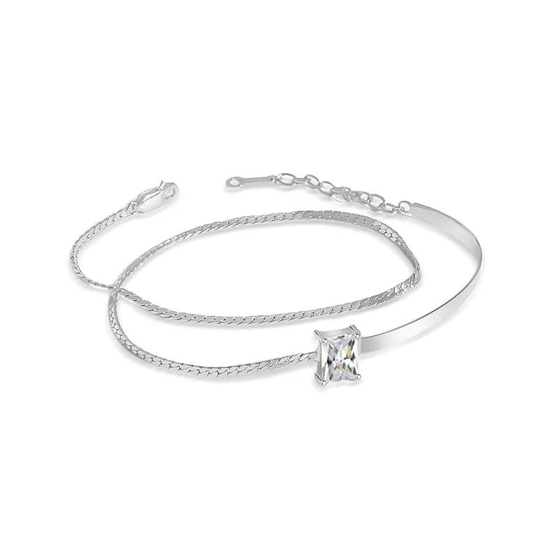 TrustDavis Bracelet 925 Sterling Silver Double Layer CZ Bracelets For Women