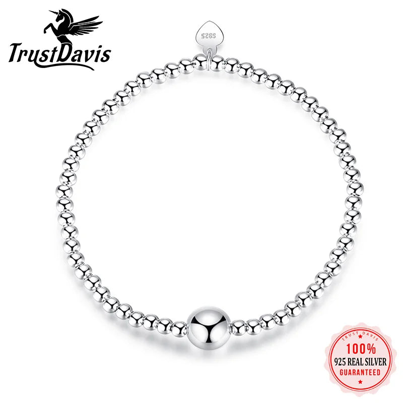 TrustDavis 925 Silver Sweet Beads Elastic Bracelet Women Wedding Jewelry