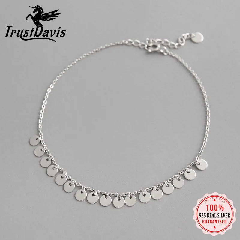 TrustDavis 925 Silver Sweet Wafer Tassel Chain Anklet Gift