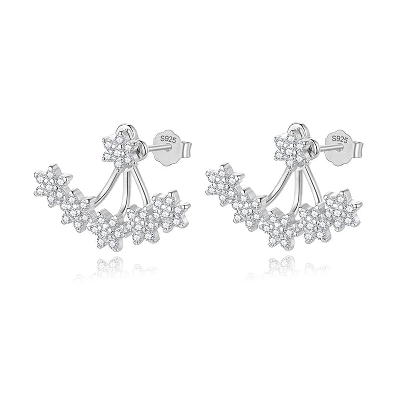 Davis Flower Zircon Back Hanging Earrings in 925 Sterling Silver