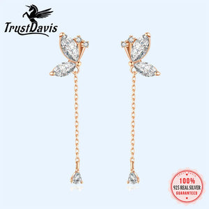 TrustDavis Silver Butterfly CZ Chain Stud Earrings Women Girls Fine Jewelry
