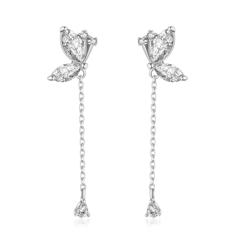 TrustDavis Silver Butterfly CZ Chain Stud Earrings Women Girls Fine Jewelry