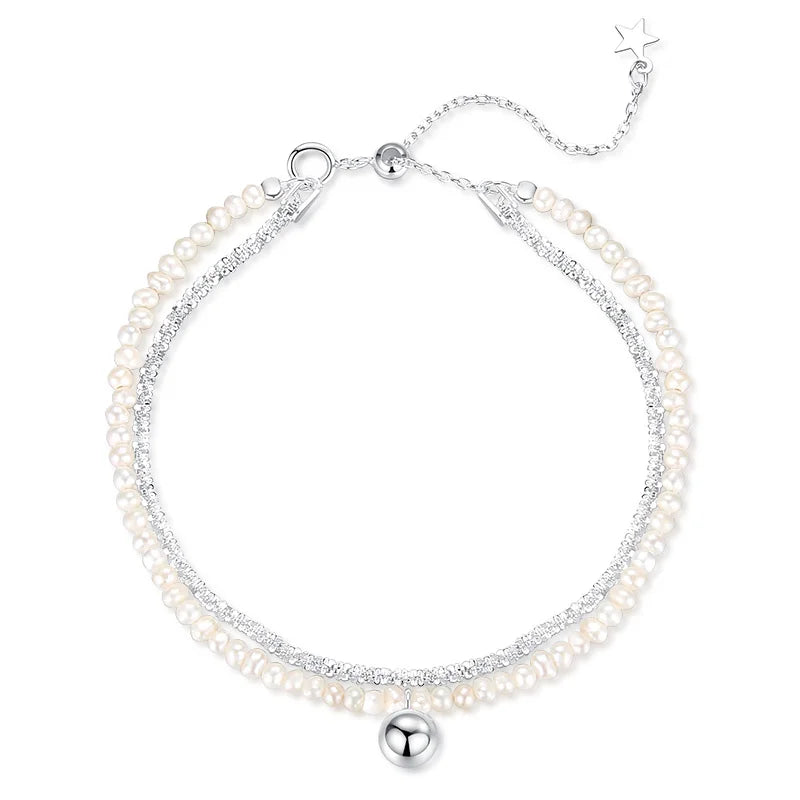TrustDavis Silver Double Chain Pearl Bracelet DB1046