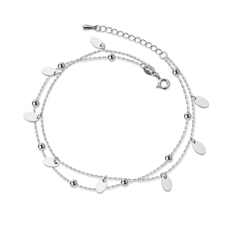 TrustDavis 925 Silver Double Layer Beads Chain Anklets For Women
