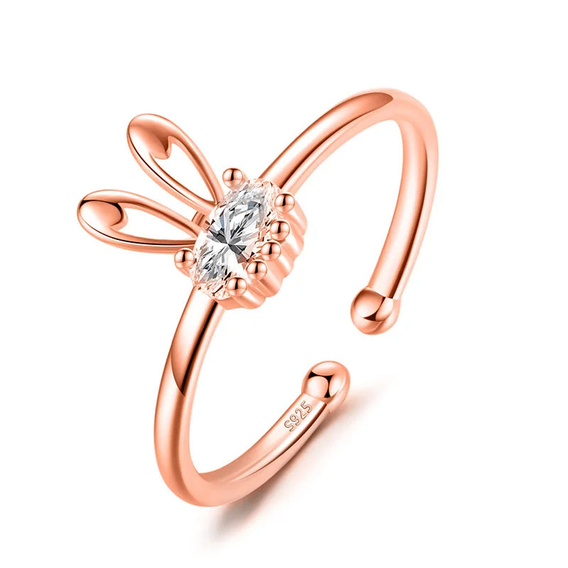 TrustDavis 925 Silver Rabbit CZ Opening Ring For Women Girls Lady Birthday Gift