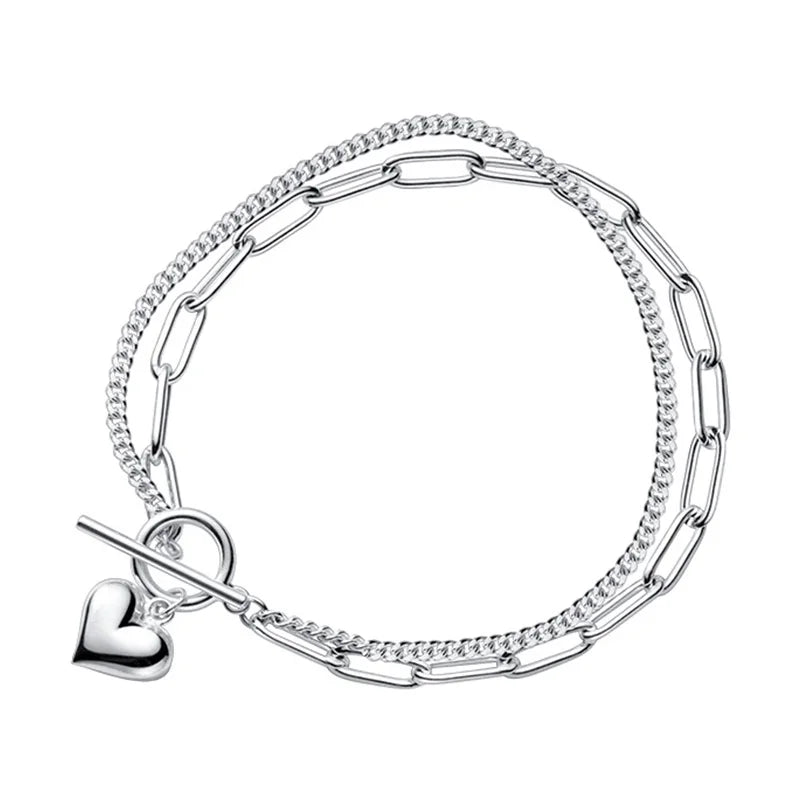 TrustDavis 925 Silver Double Layer Heart Love Bracelet Wedding Fine S925 Jewelry