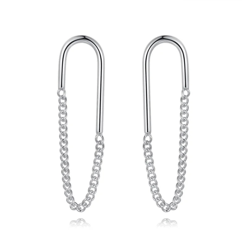 TrustDavis Silver Ellipse Chain Stud Earrings DB016