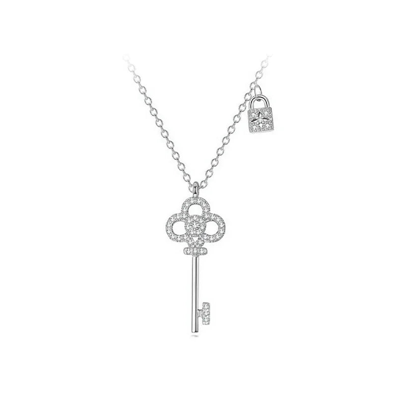 TrustDavis Key Lock CZ Pendant Choker Necklace Silver Women Wedding Fine Jewelry