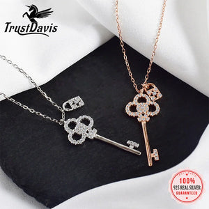 TrustDavis Key Lock CZ Pendant Choker Necklace Silver Women Wedding Fine Jewelry