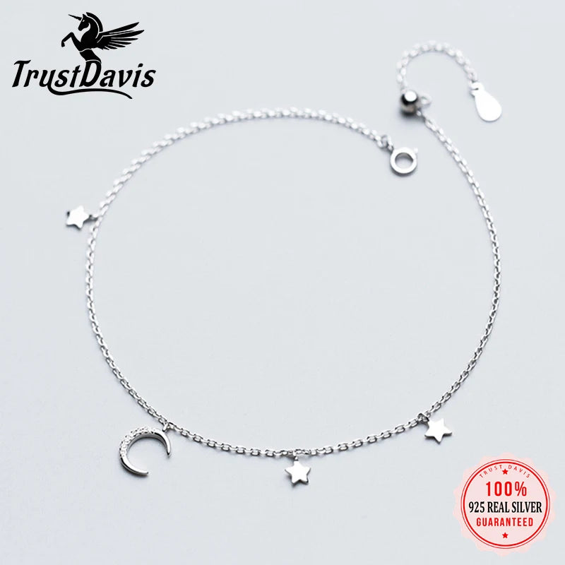 TrustDavis 925 Sterling Silver Sweet Moon Star CZ Anklet