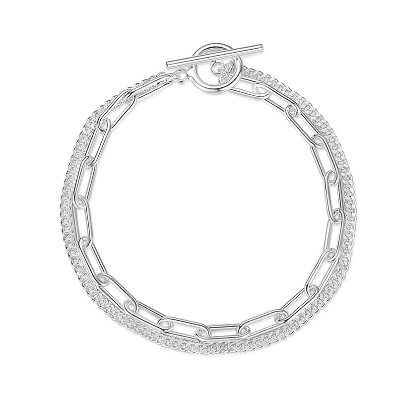 TrustDavis 925 Silver Double Layer Chain Bracelet For Women Wedding