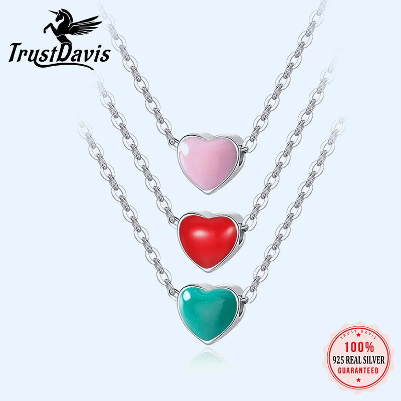 TrustDavis 925 Sterling Silver Sweet Heart Pendant Short Necklace For Women