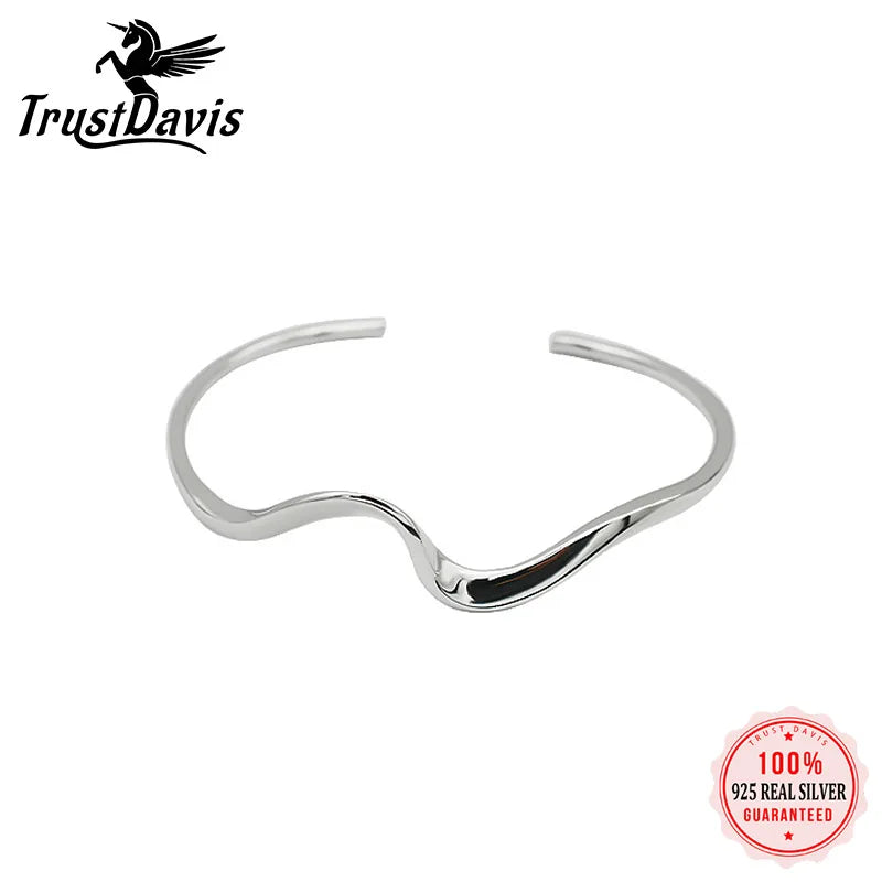 TrustDavis 925 Sterling Silver Wave Opening Bangle for Women