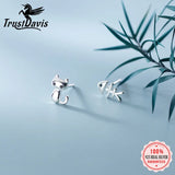 TrustDavis Sweet Asymmetric Cat Fish Bone CZ Stud Earrings
