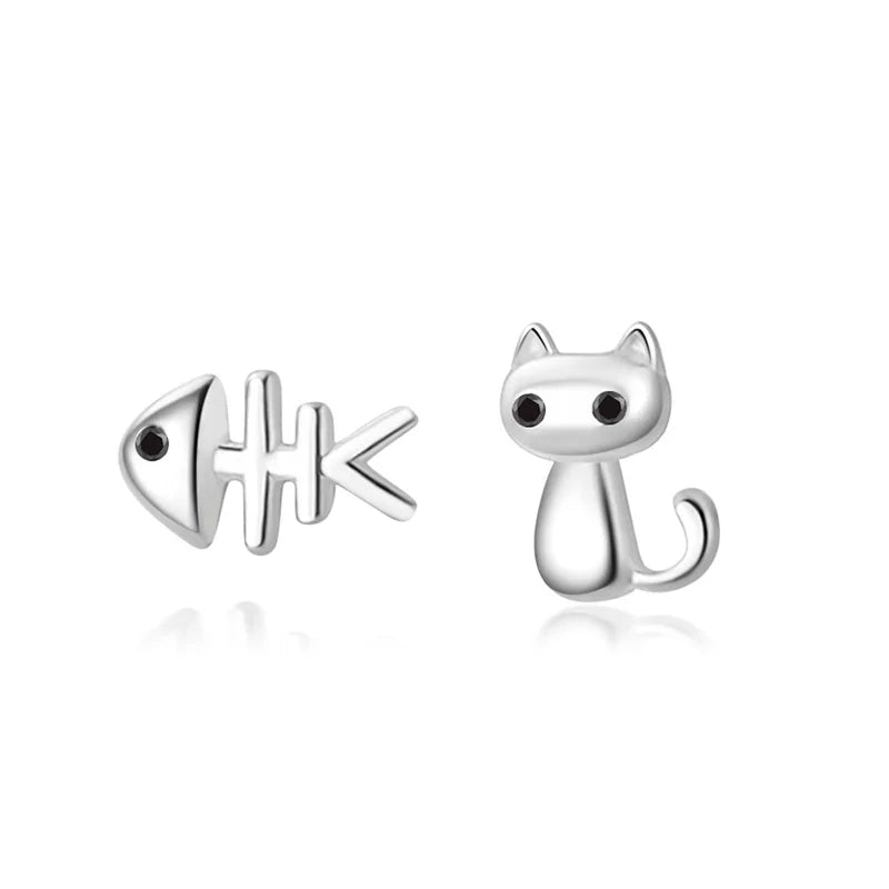 TrustDavis Sweet Asymmetric Cat Fish Bone CZ Stud Earrings