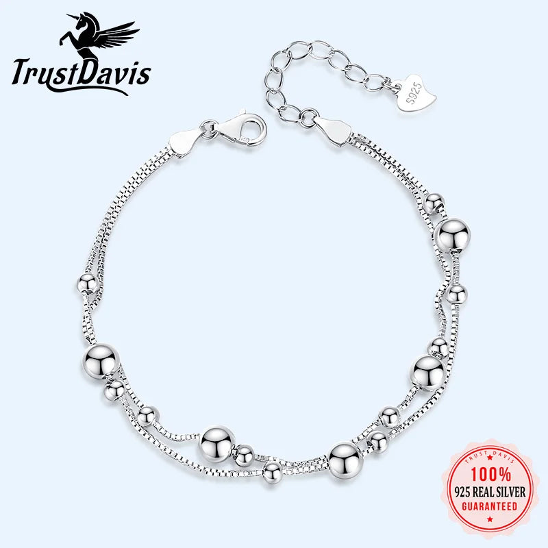 TrustDavis 925 Silver Beads Double-deck Chain Bracelet Wedding Jewelry
